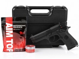 Pistola airsoft Elite M92 GBB, full metal con maletín de transporte + 500BBs + grasa - Negro [B&W]
