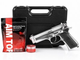Pistola airsoft Elite M92 GBB, full metal con maletín de transporte + 500BBs + grasa - Cromo [B&W]