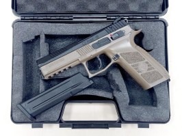 Pistola airsoft CZ P-09 DT FDE, corredera metálica, Gas blowback + funda - UNRELIABLE [ASG]