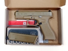 Pistola de airsoft Glock 19X, corredera metálica, retroceso por gas - Coyote - DEVUELTA POR EL CLIENTE [UMAREX]
