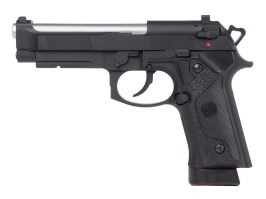 Pistola airsoft M9 A1, full metal, blowback CO2 - Negra, cañón plateado [KJ Works]