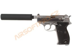 Pistola de airsoft P38S con supresor - gas blowback - plata [WE]