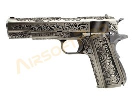 Pistola de airsoft M1911 - grabada, versión plata, gas blowback, full metal [WE]