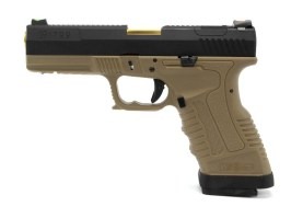 Pistola airsoft GP1799 T6 - GBB, corredera metal negra, carcasa TAN, cañón dorado [WE]